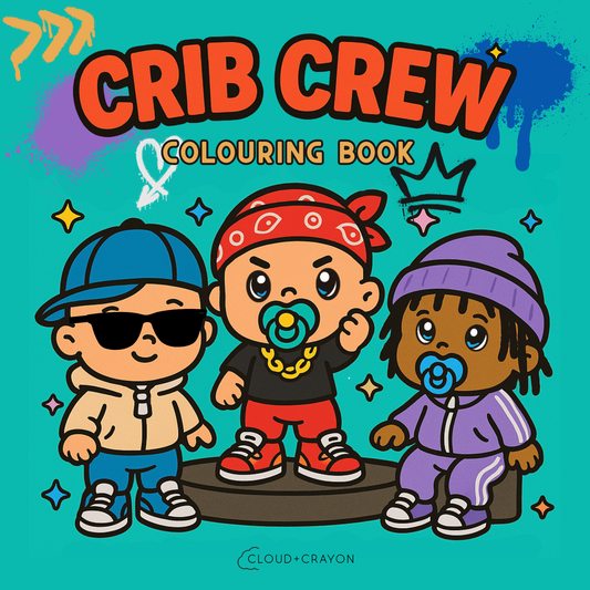 Cover of 'Crib Crew' colouring book with cartoon babies on a teal background