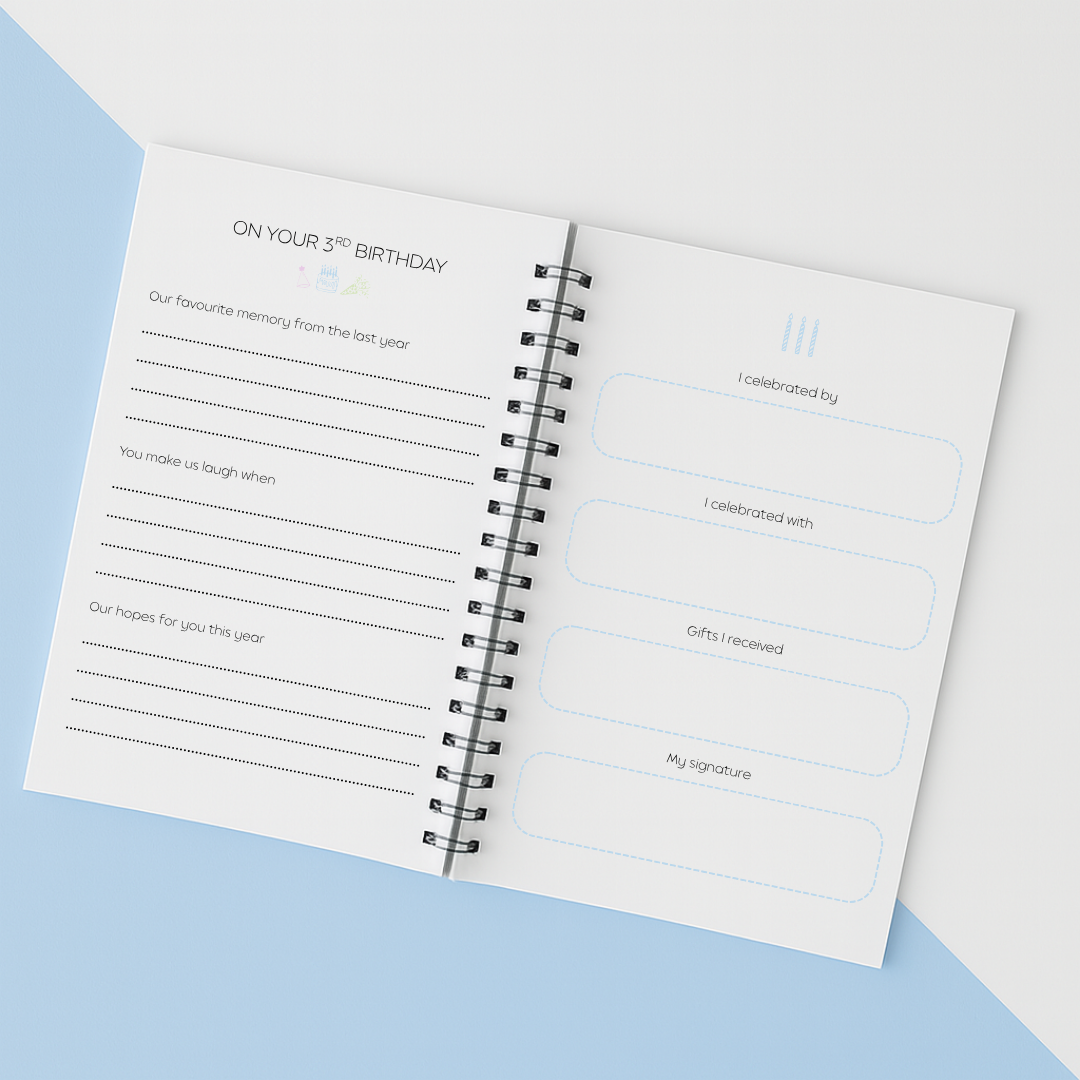 Open notebook with birthday questionnaire on a light blue background