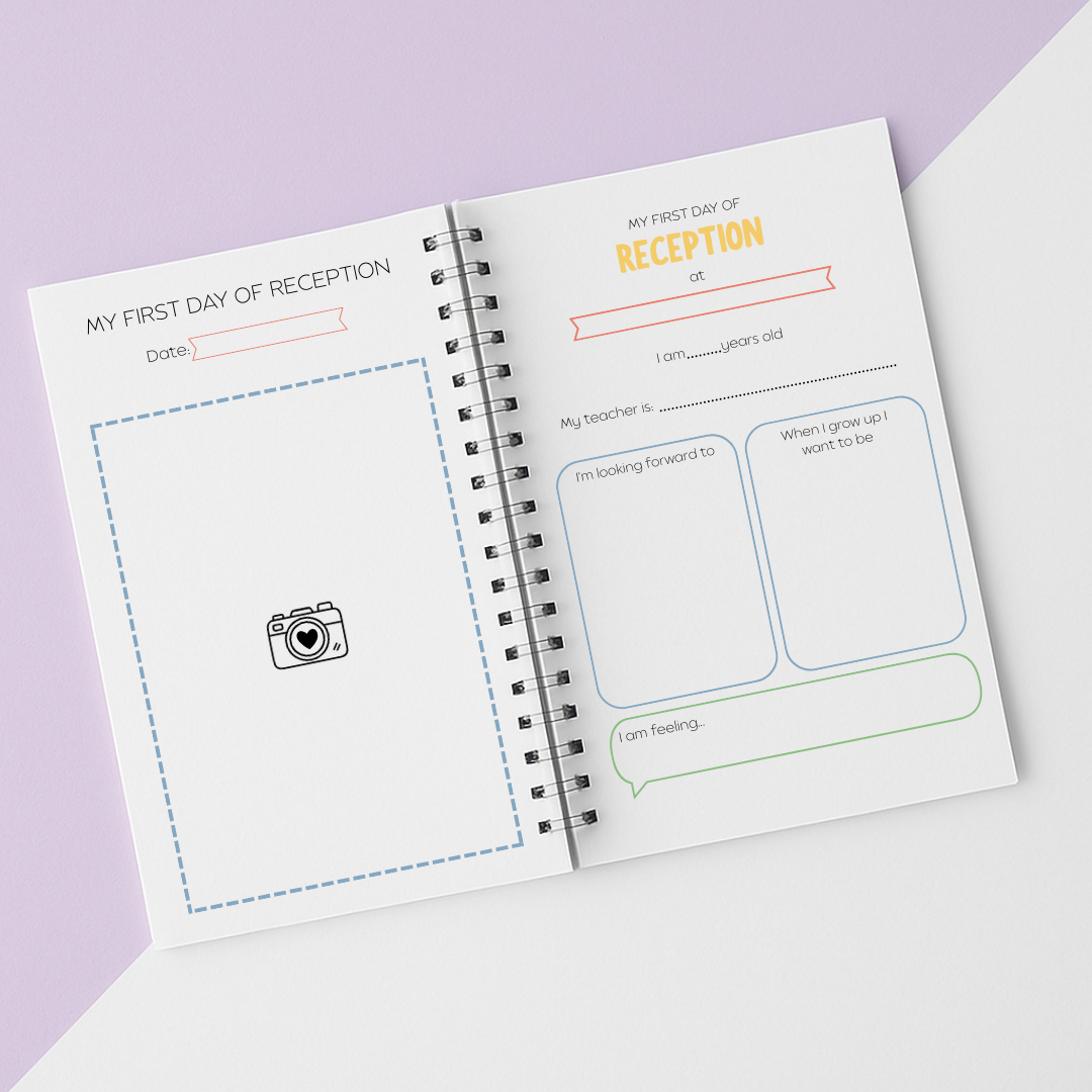 Open spiral-bound book with printed questionnaire for first day of school on a light purple background