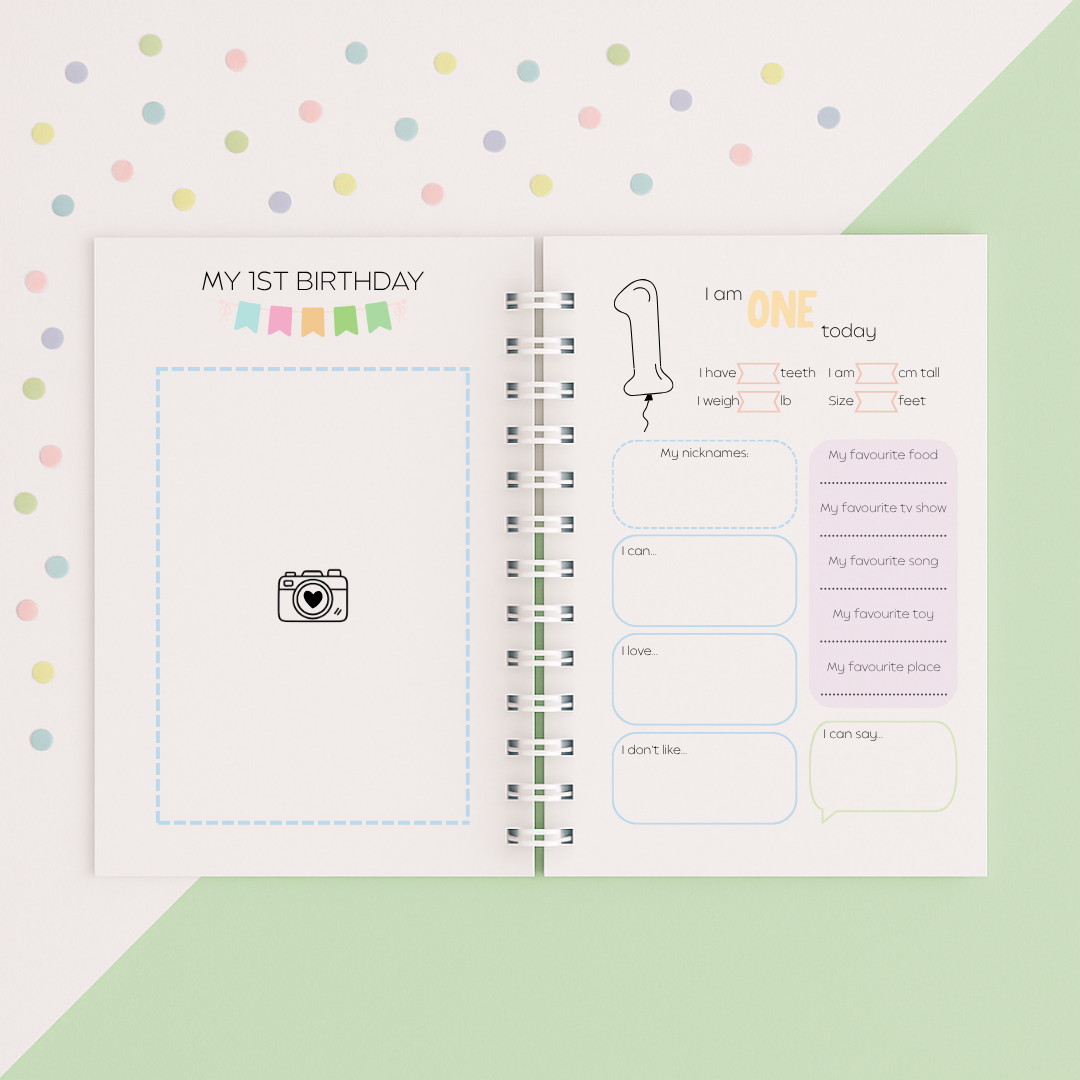 Children's birthday journal with photo and text input sections on a light green background