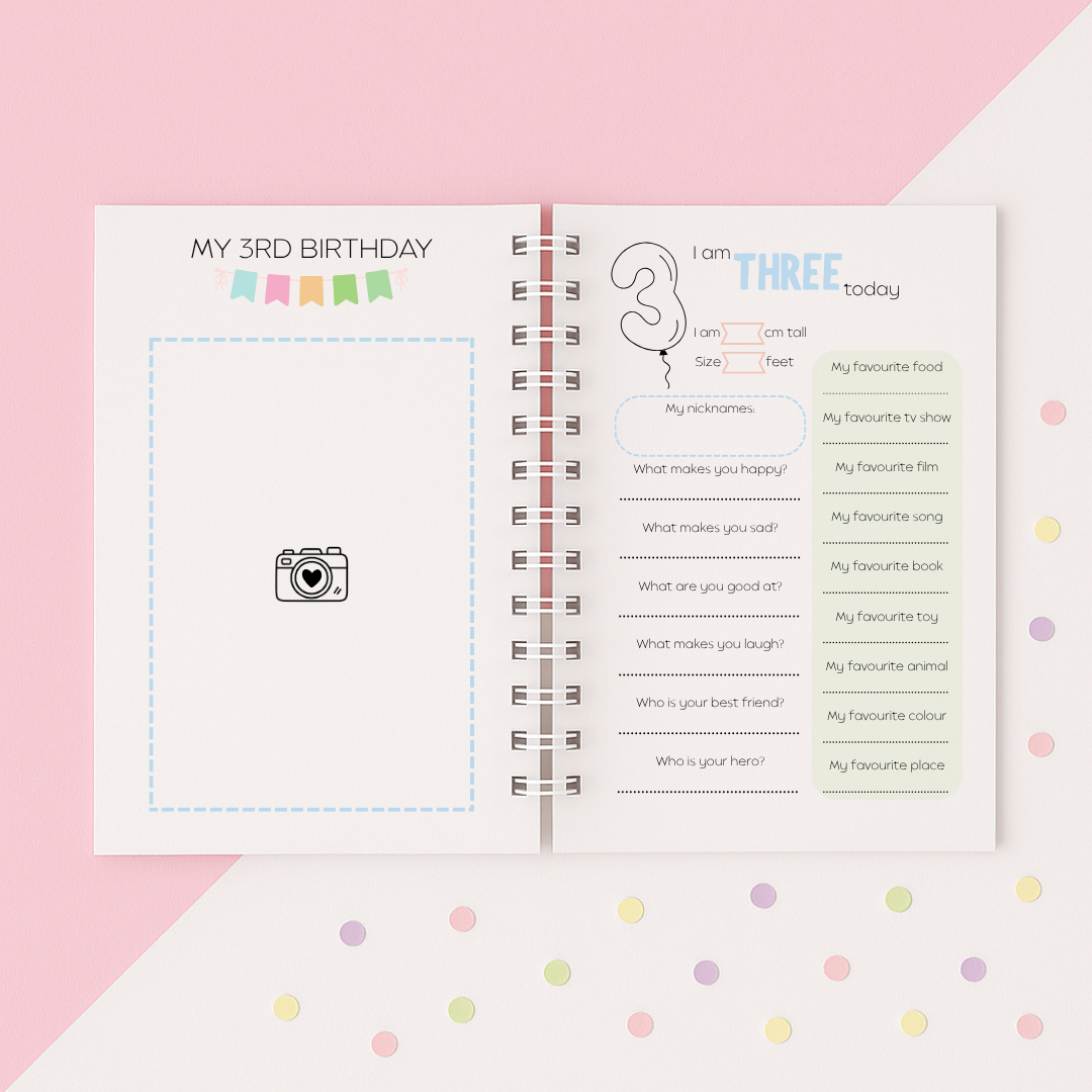 Open book with birthday questionnaire on a pink and white background
