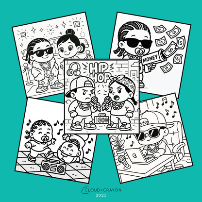 Set of coloring pages with cartoon characters on a teal background, featuring the brand 'Cloud & Crayon'.