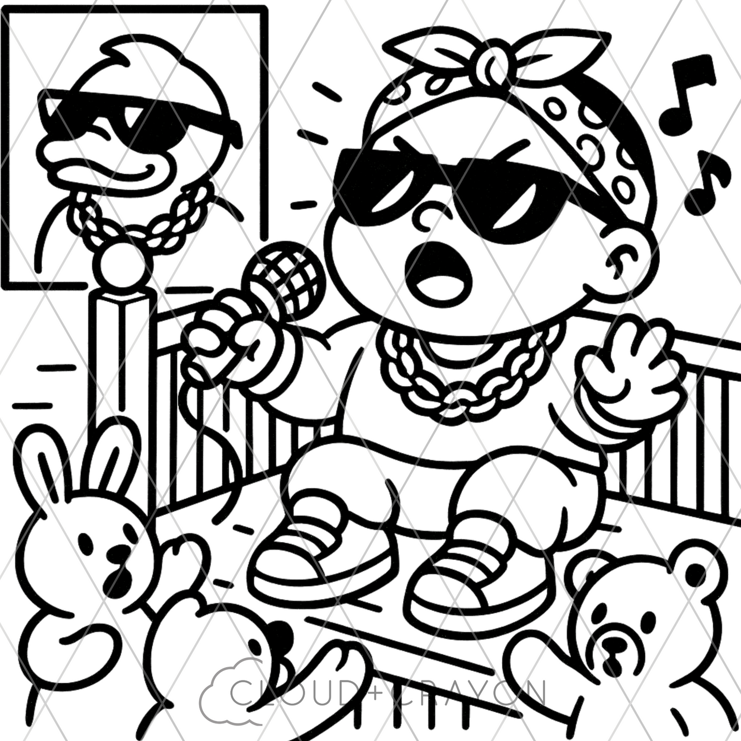 Black and white illustration of a baby rapper with a microphone, surrounded by animals, on a checkered background.