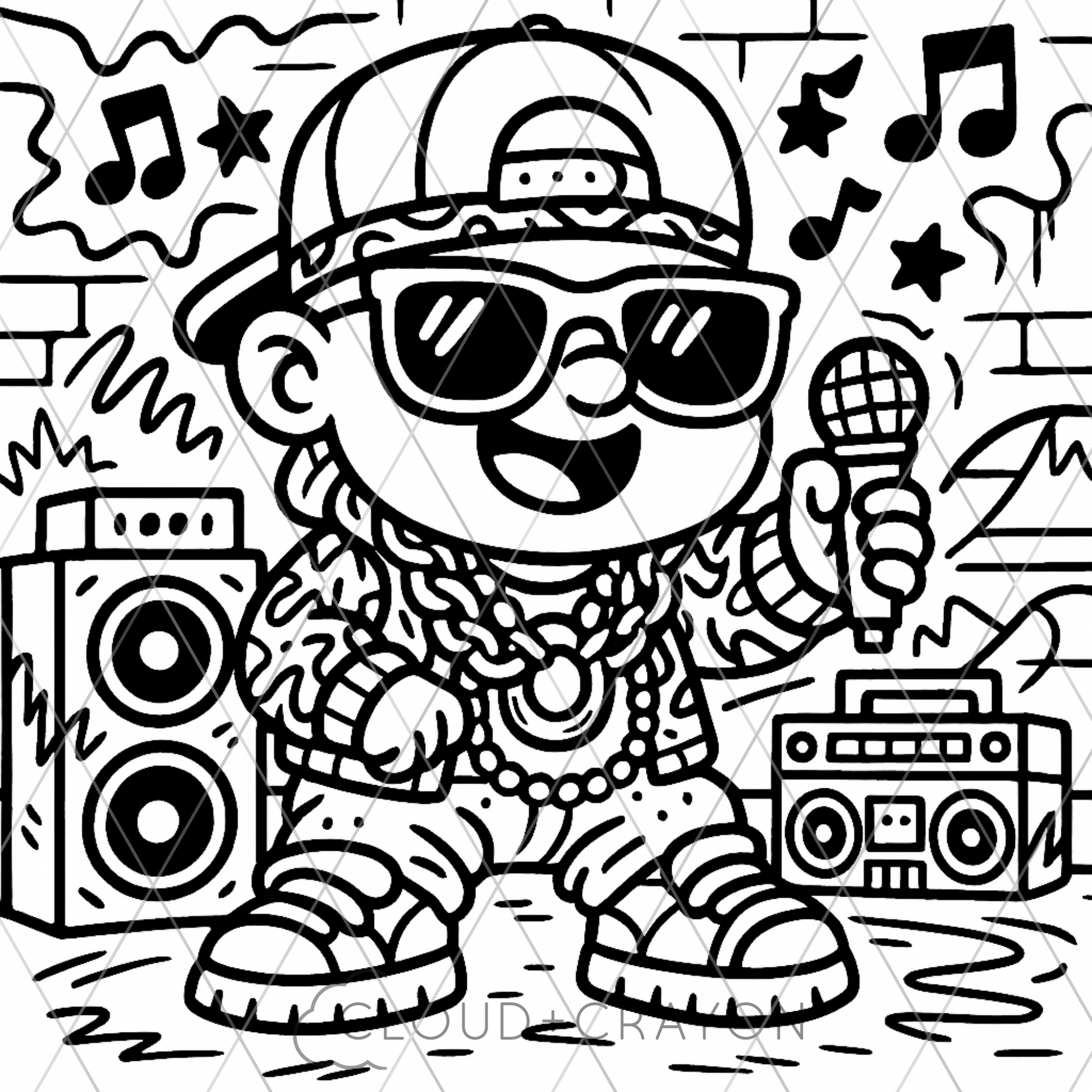 Baby rapper with sunglasses, hat, and microphone in a street-style setting with music notes and speakers.