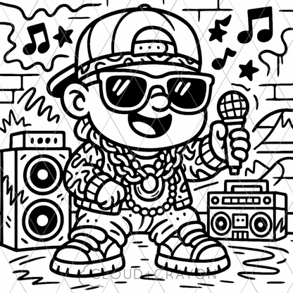 Baby rapper with sunglasses, hat, and microphone in a street-style setting with music notes and speakers.