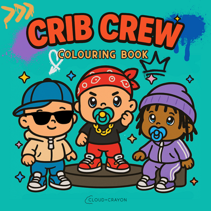 Cover of 'Crib Crew' colouring book with cartoon babies on a teal background