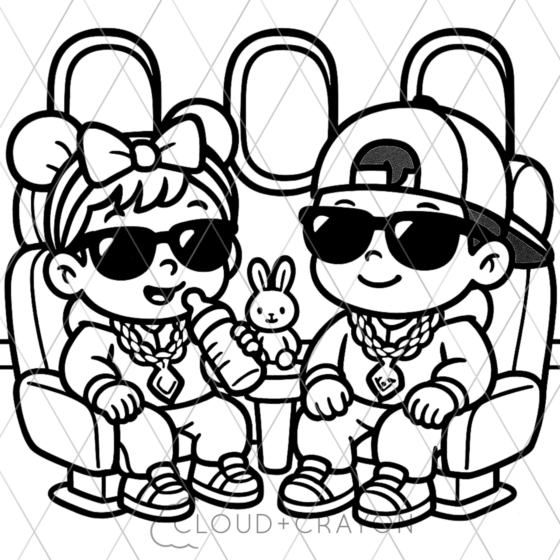 Crib Crew babies on private jet with sunglasses colouring page