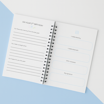 Open notebook with birthday questionnaire on a light blue background