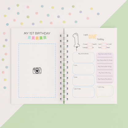 Children's birthday journal with photo and text input sections on a light green background