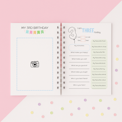 Open book with birthday questionnaire on a pink and white background