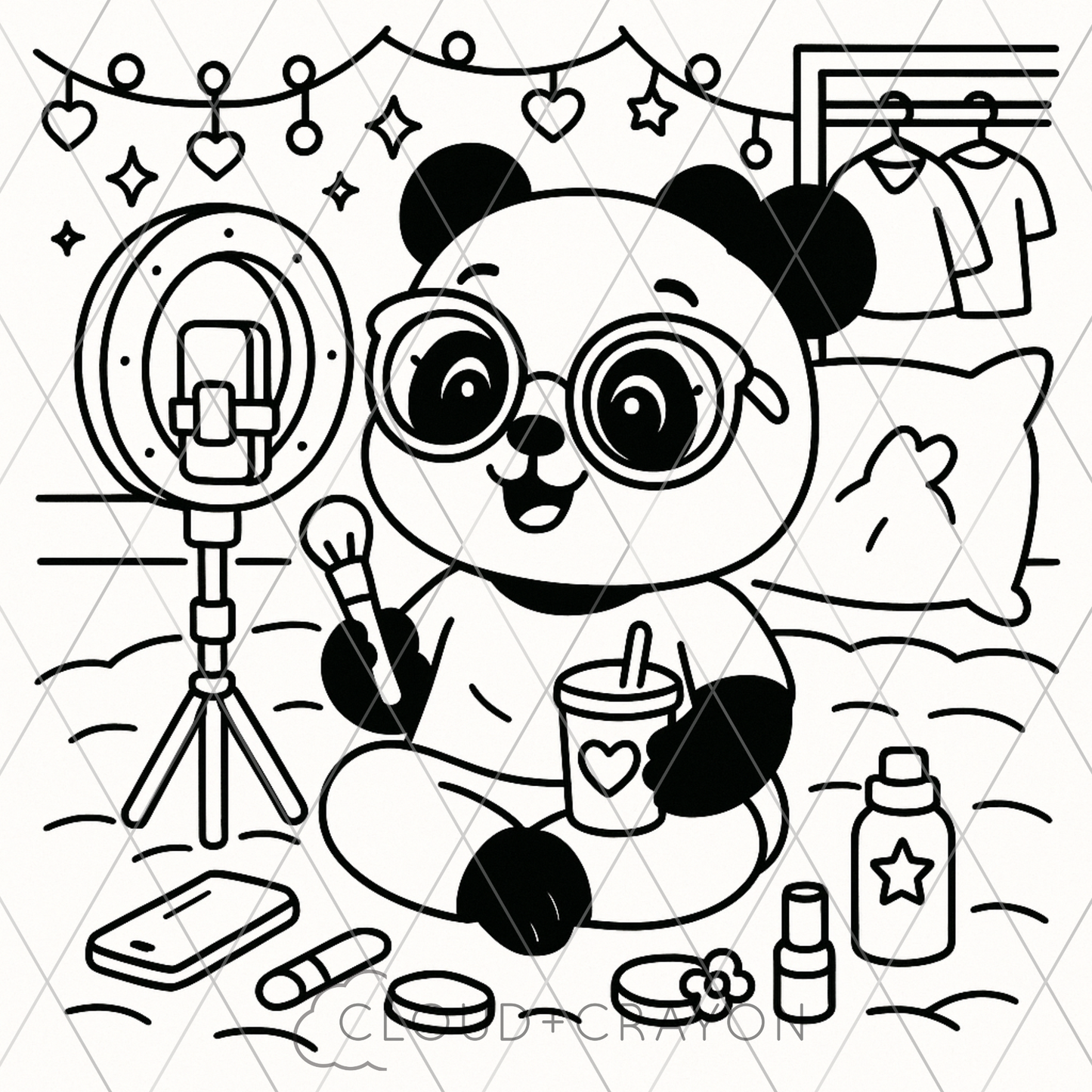 Black and white illustration of a panda  content creator character in a room with makeup items and selfie light.