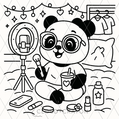Black and white illustration of a panda  content creator character in a room with makeup items and selfie light.