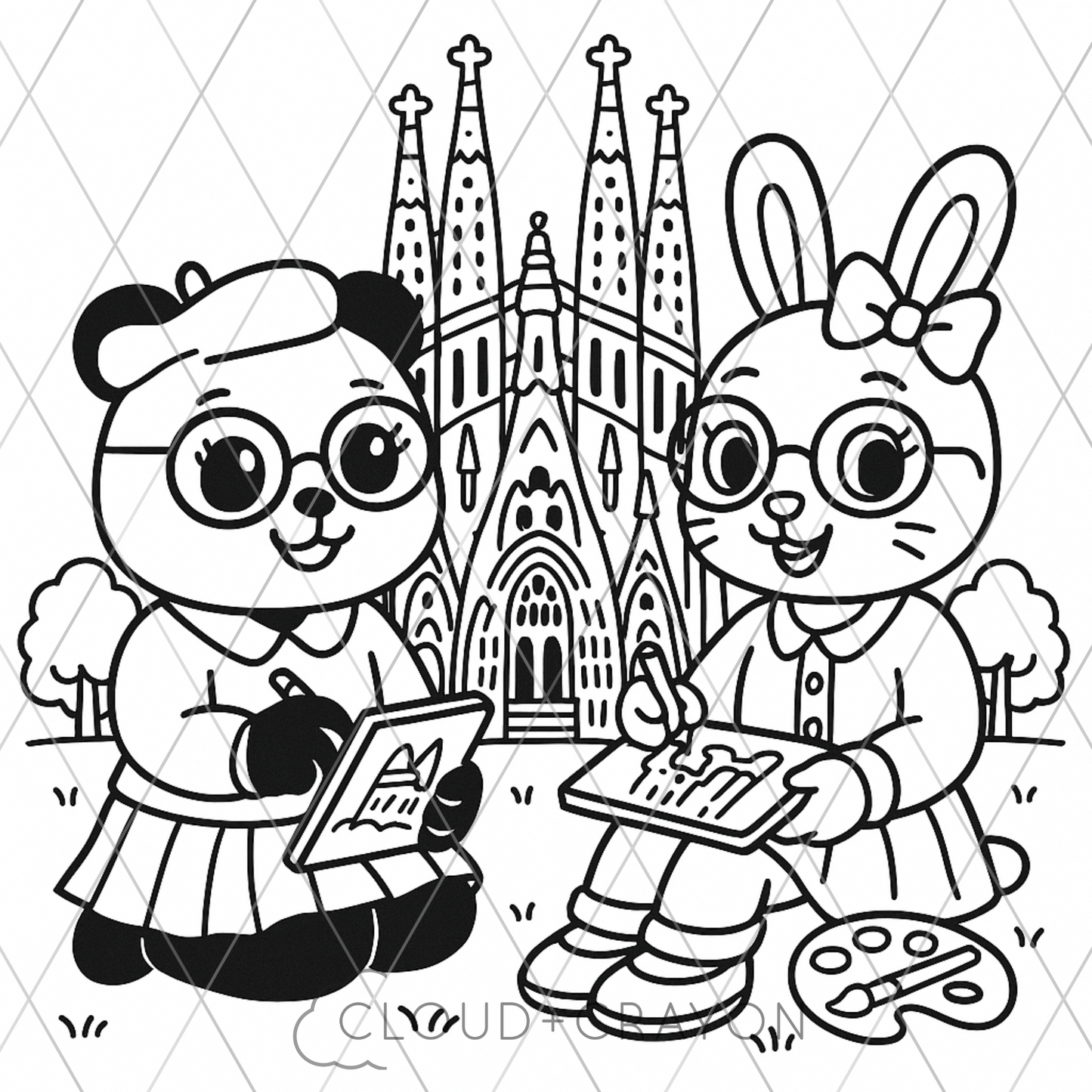 Two cartoon characters, a panda and a rabbit, in front of sagrada familia in Barcelona.