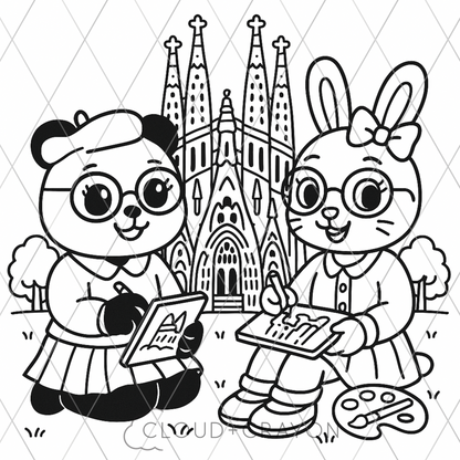 Two cartoon characters, a panda and a rabbit, in front of sagrada familia in Barcelona.