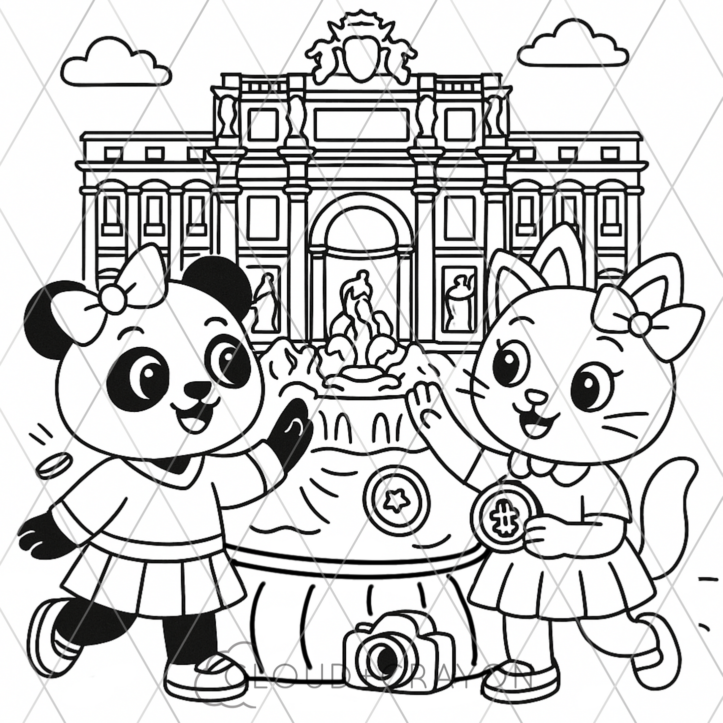 Coloring page with panda and cat in front of Trevi fountain and building in Rome