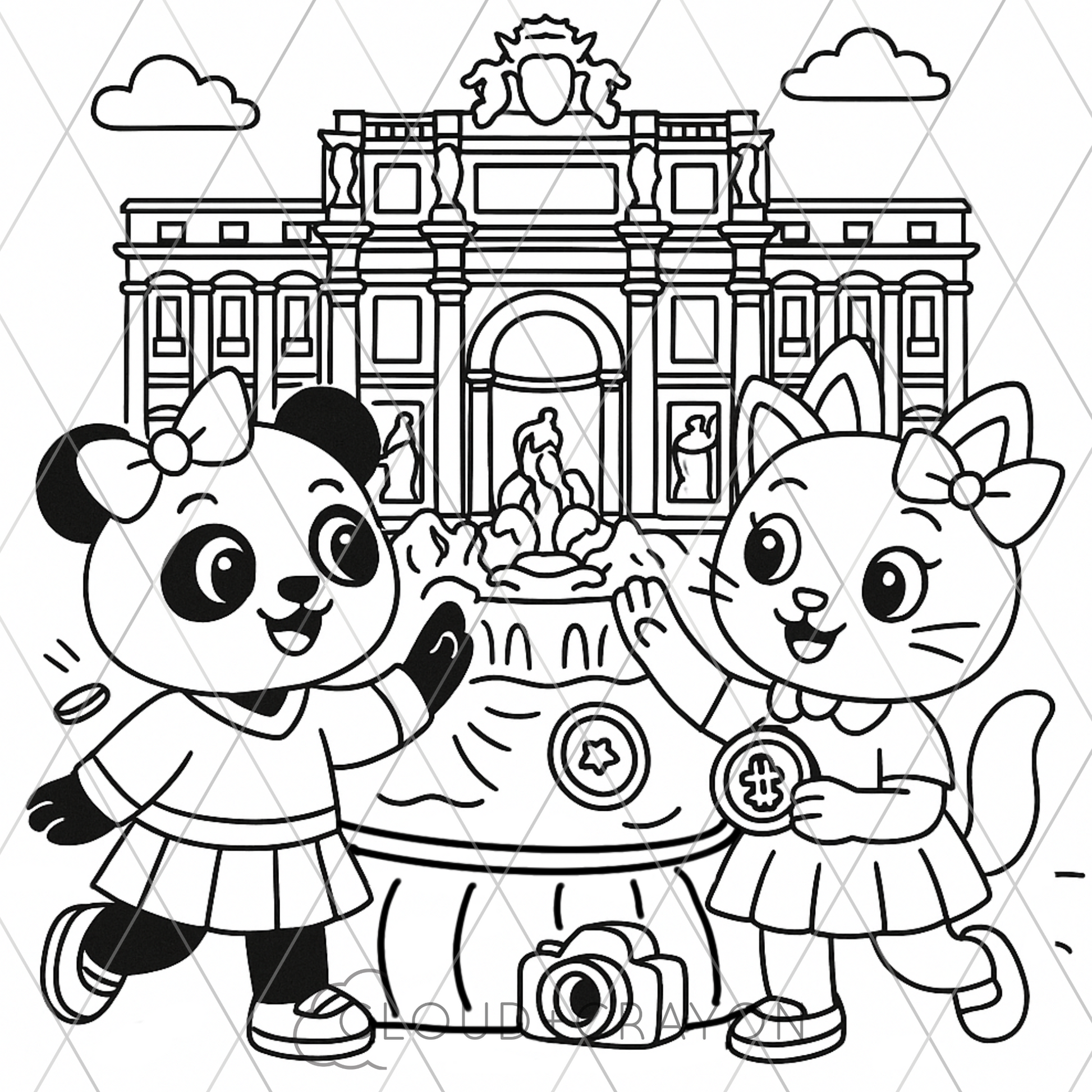 Coloring page with panda and cat in front of Trevi fountain and building in Rome