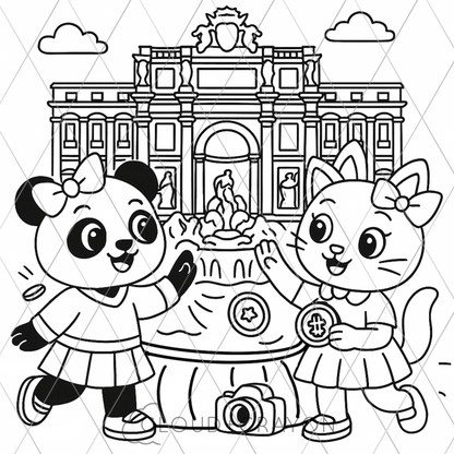 Coloring page with panda and cat in front of Trevi fountain and building in Rome
