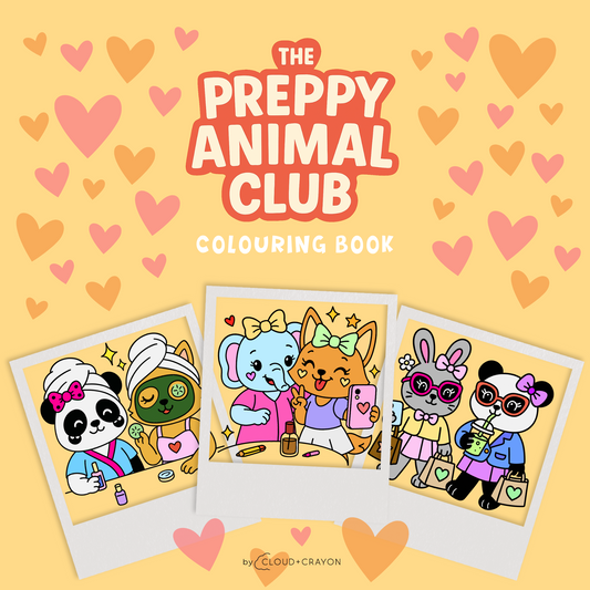 Cover of 'The Preppy Animal Club' colouring book with bold kawaii animals on a yellow background with hearts.