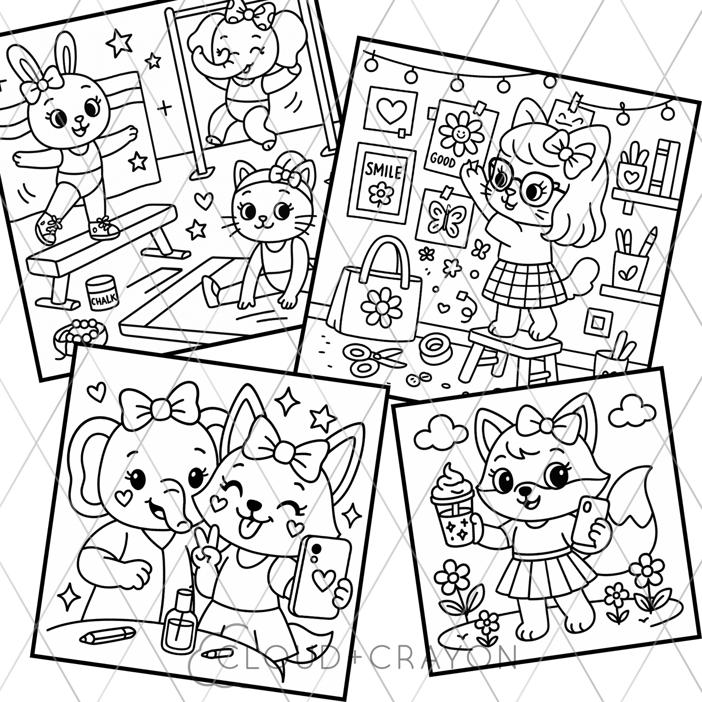 Preppy Animal Club colouring pages with bold kawaii animals and objects on a white background.