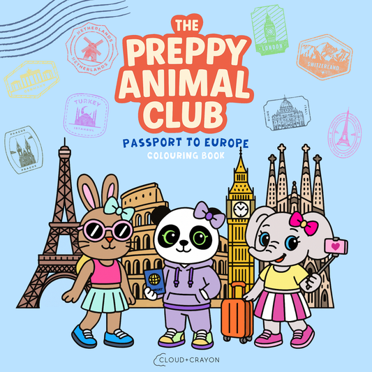 Coloring book cover featuring cartoon animals with travel-themed illustrations on a blue background.