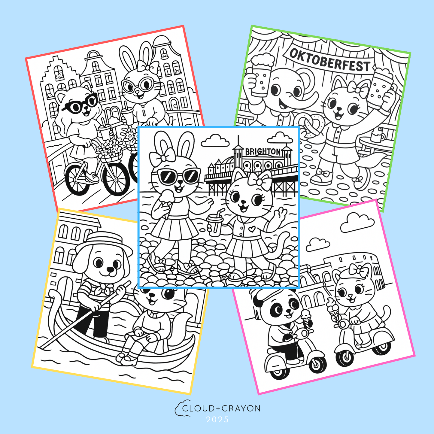 Set of coloring pages with cartoon characters on a blue background, featuring Oktoberfest and other themed designs.